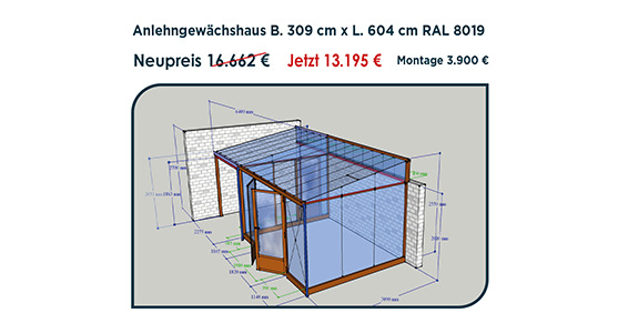 Anlehngewächshaus mit seitlichem Dach 309x640 cm