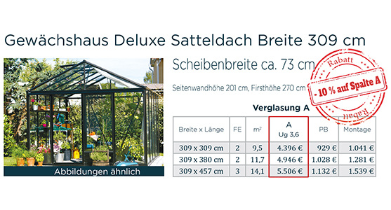 Gewächshaus 309 cm Scheibenbreite 73 cm